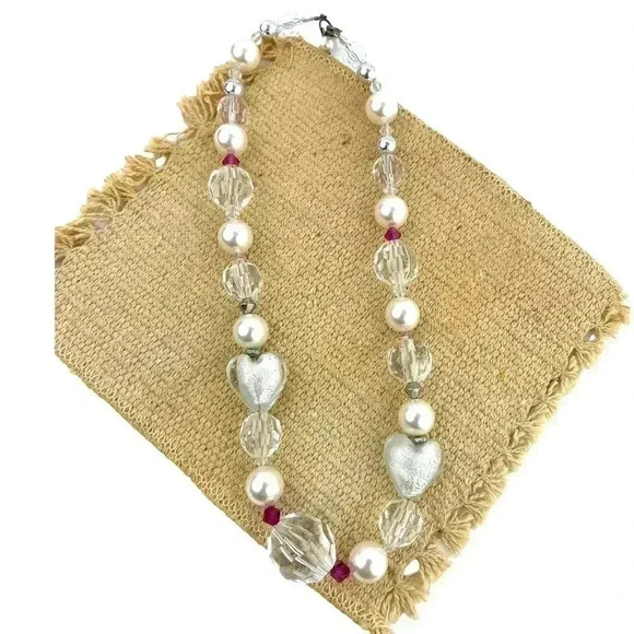 Clear Chunky Glass Heart Plastic Beaded Necklace Wired Faux Pearl 18" long - Picture 2 of 11